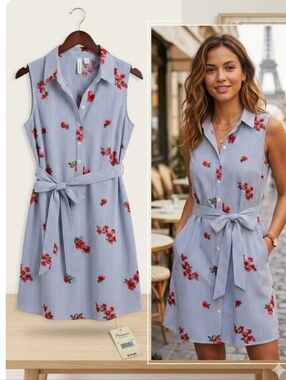 Tacera Light Blue Striped Sleeveless Shirt Dress with Red Floral Print